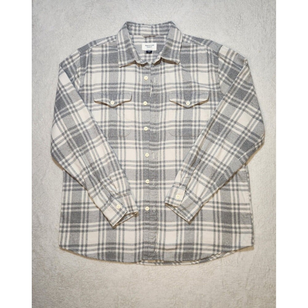 American Eagle Super Soft Men's L Flannel Plaid Button-Up Shirt Pockets Grey EUC